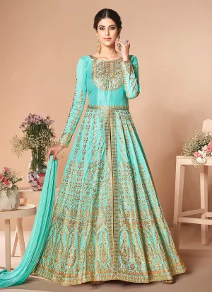 Aqua Blue Embroidered Silk Anarkali Suit