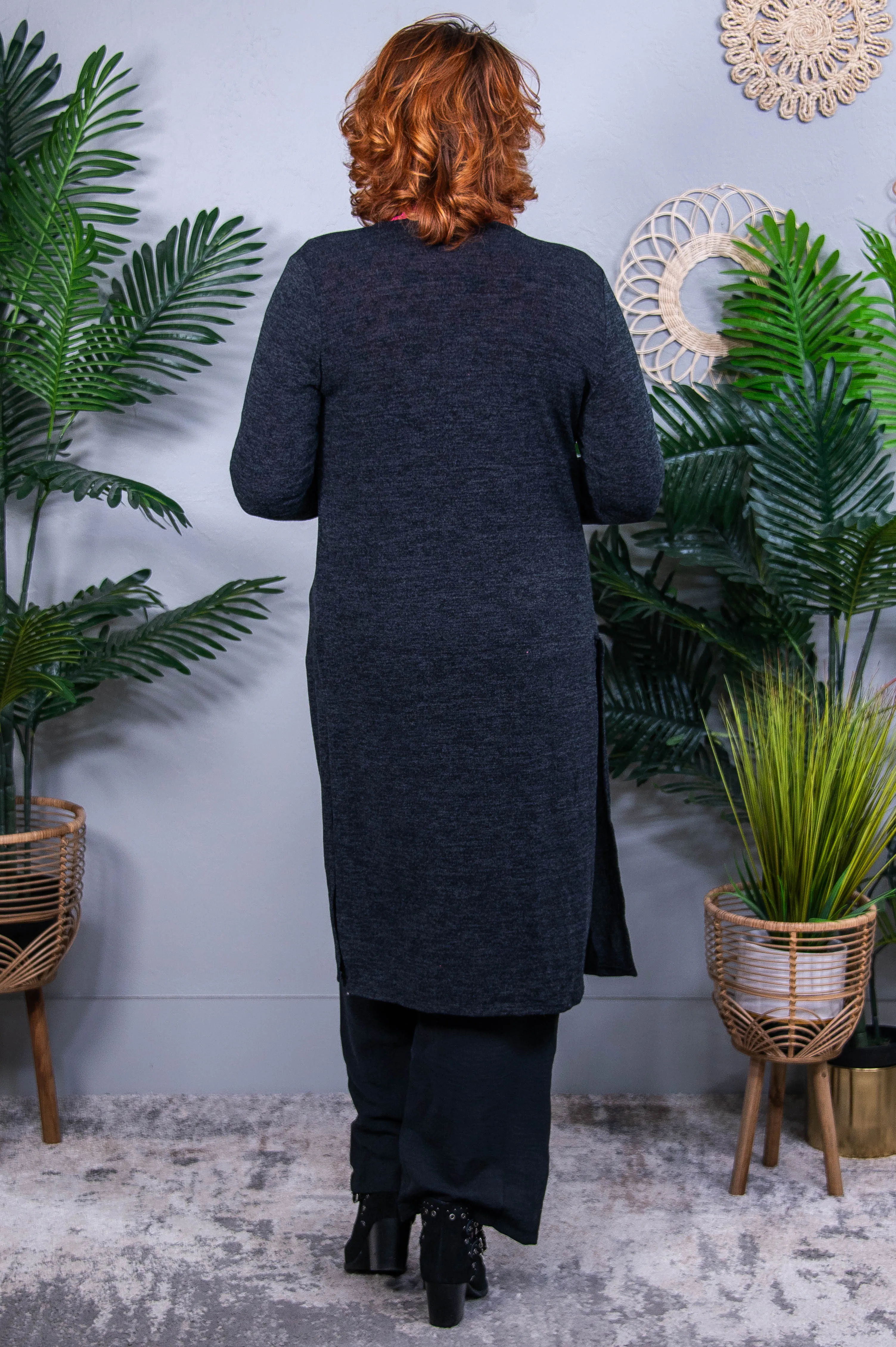 Autumn Breeze Heather Charcoal Gray Solid Long Cardigan - O5712CH