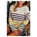 “Bacchus Bash” Mardi Gras Wide Neck Loose Striped Sweater Shirt Purple Green & Gold