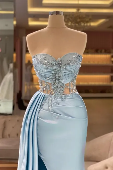 Ballbella Column Slit Front Long Sweetheart Strapless Sleeveless Sky Blue Ruffle Stain Evening Dress with Beadings
