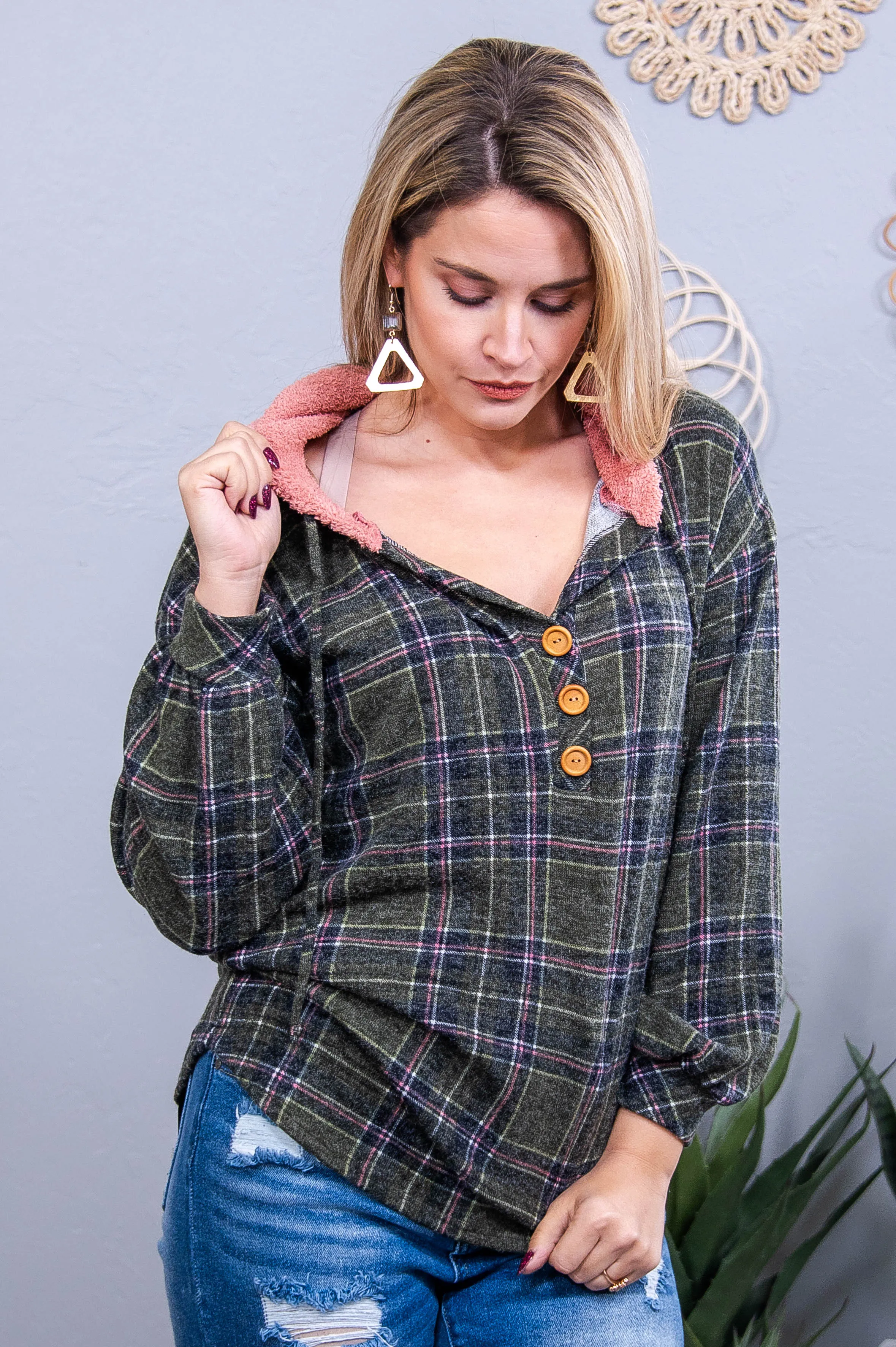 Be Your Own Masterpiece Olive/Multi Color Plaid Hooded Top - T10723OL