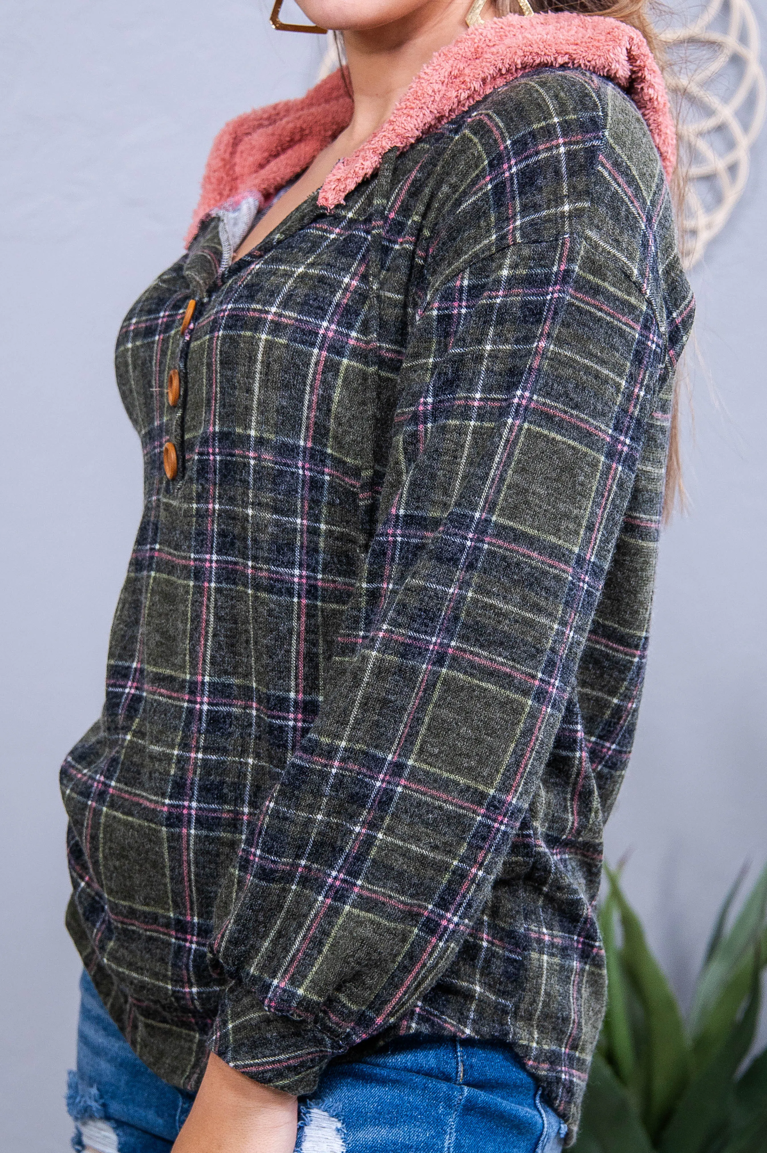 Be Your Own Masterpiece Olive/Multi Color Plaid Hooded Top - T10723OL