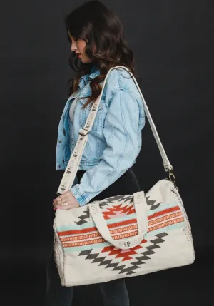 beige, brown, light blue   red aztec woven weekender bag
