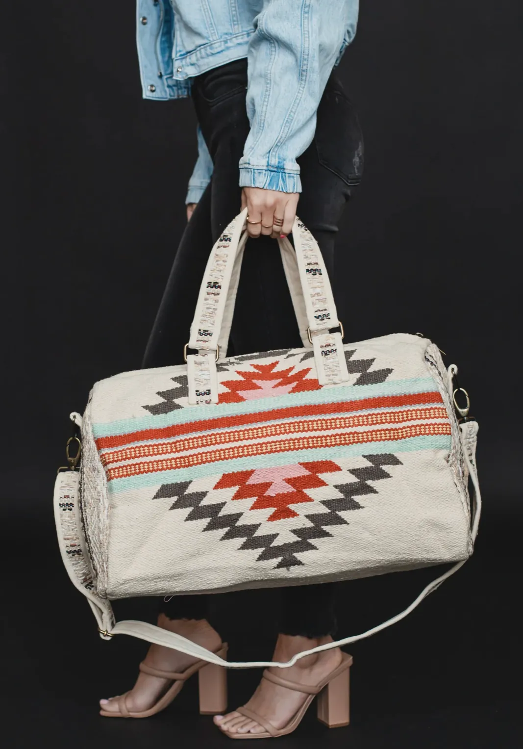 beige, brown, light blue   red aztec woven weekender bag