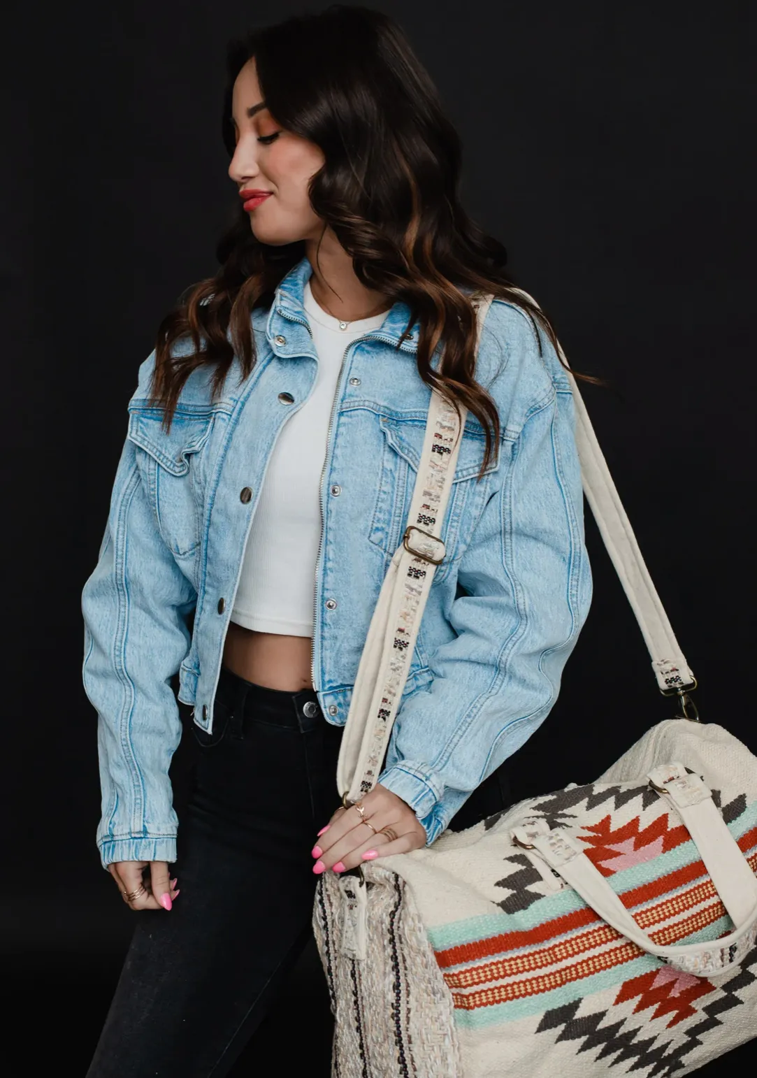 beige, brown, light blue   red aztec woven weekender bag