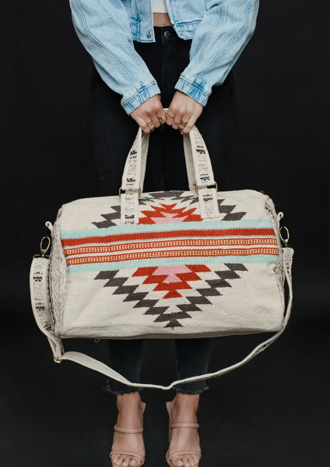 beige, brown, light blue   red aztec woven weekender bag