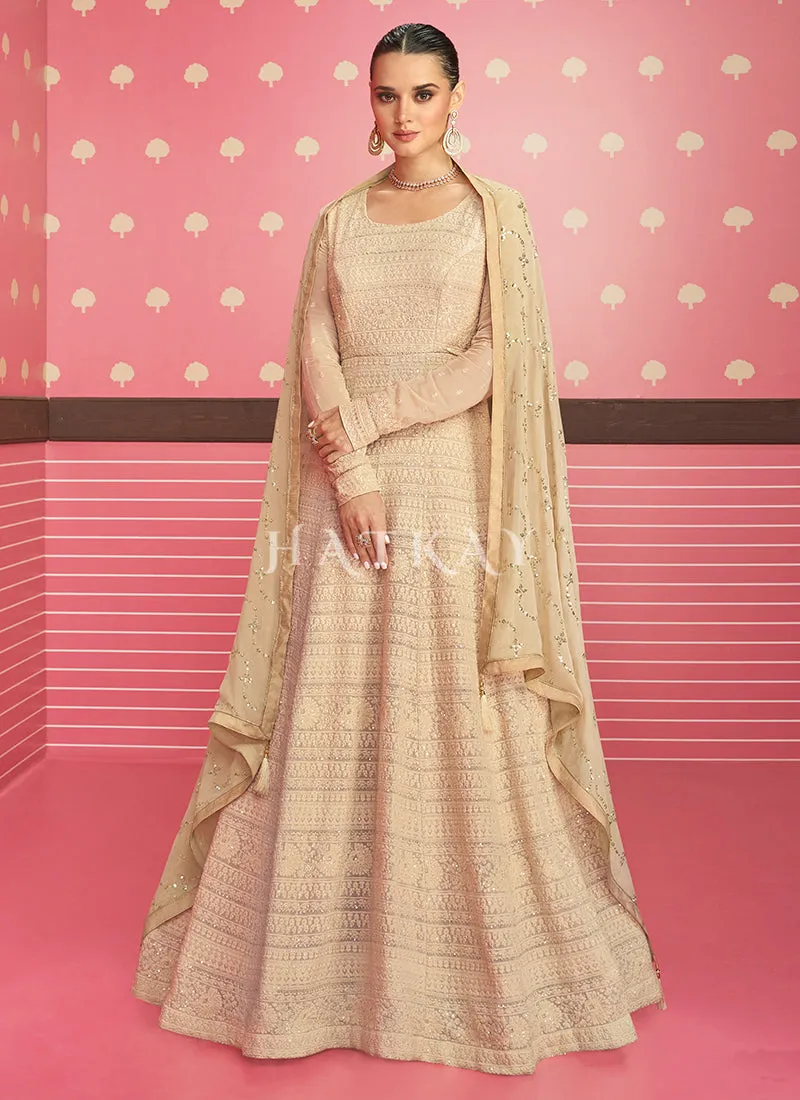 Beige Golden Sequence Work Chikankari Georgette Anarkali Suit