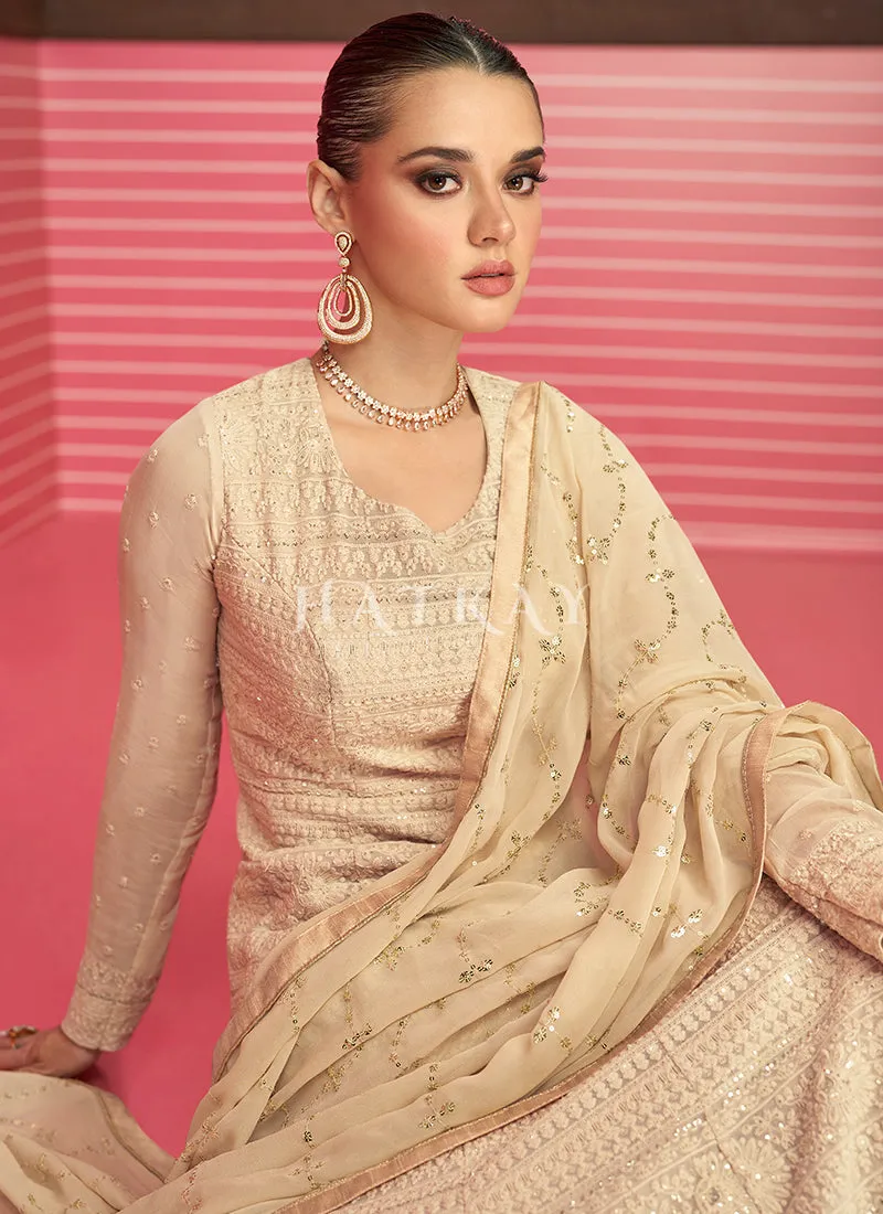Beige Golden Sequence Work Chikankari Georgette Anarkali Suit