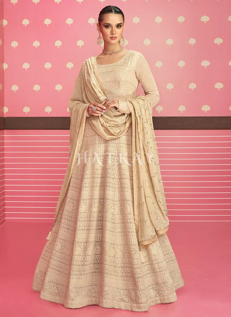 Beige Golden Sequence Work Chikankari Georgette Anarkali Suit