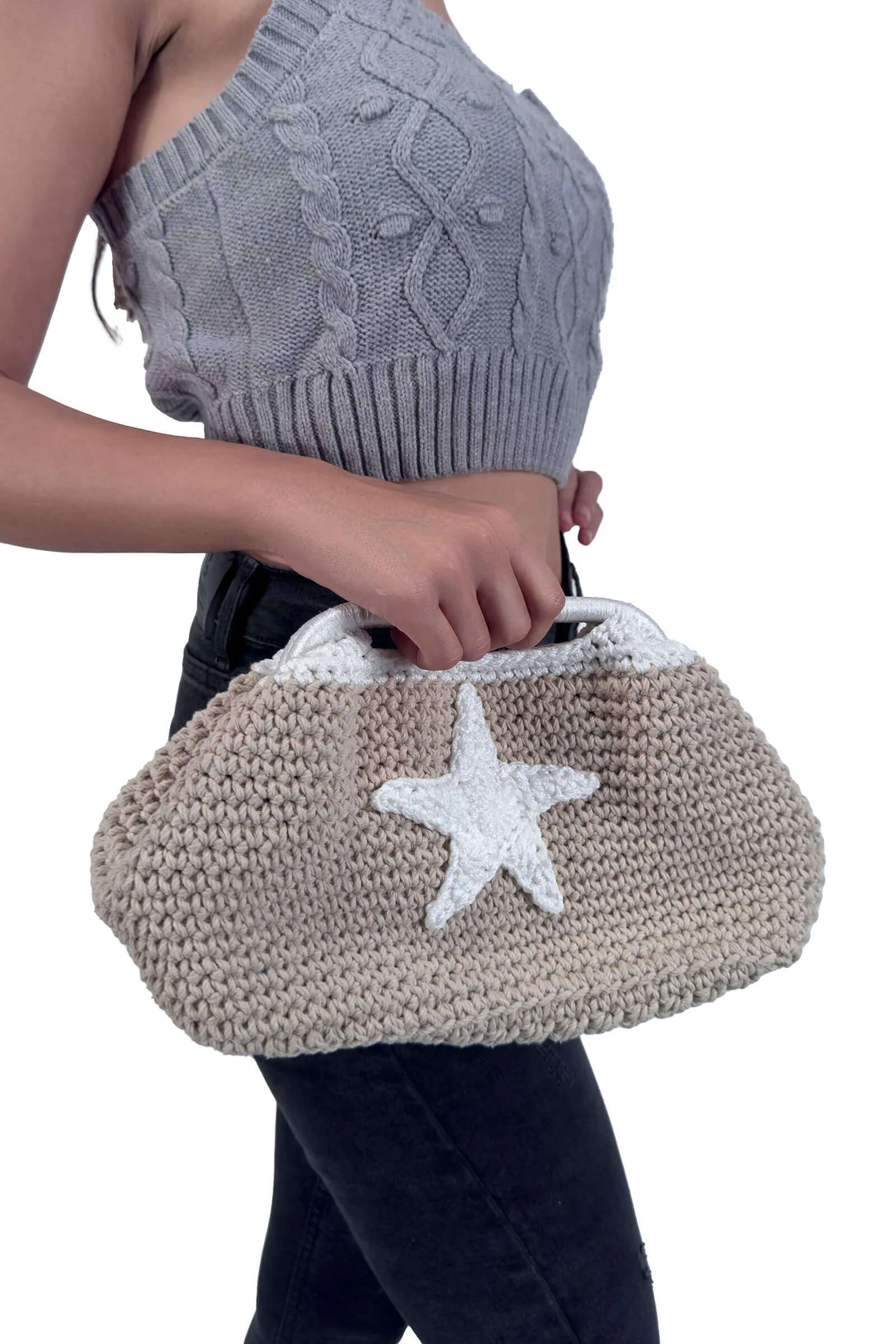 Beige Stella Star Crochet Clutch