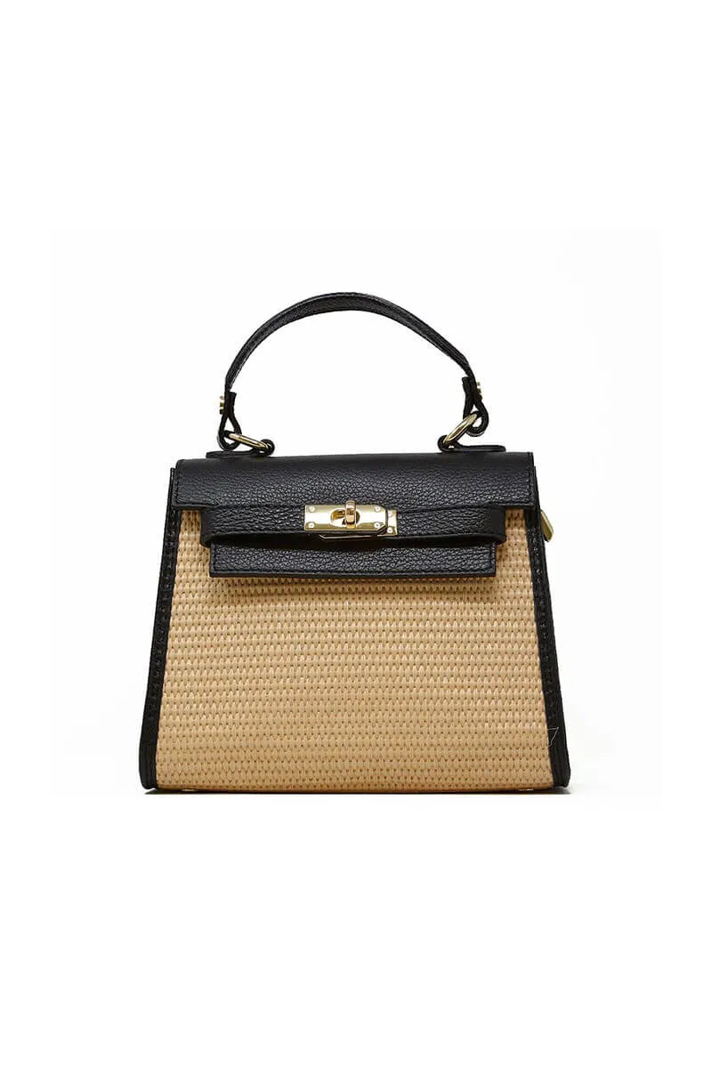 Black Leather and Raffia Bag