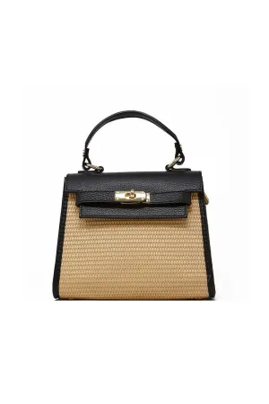 Black Leather and Raffia Bag