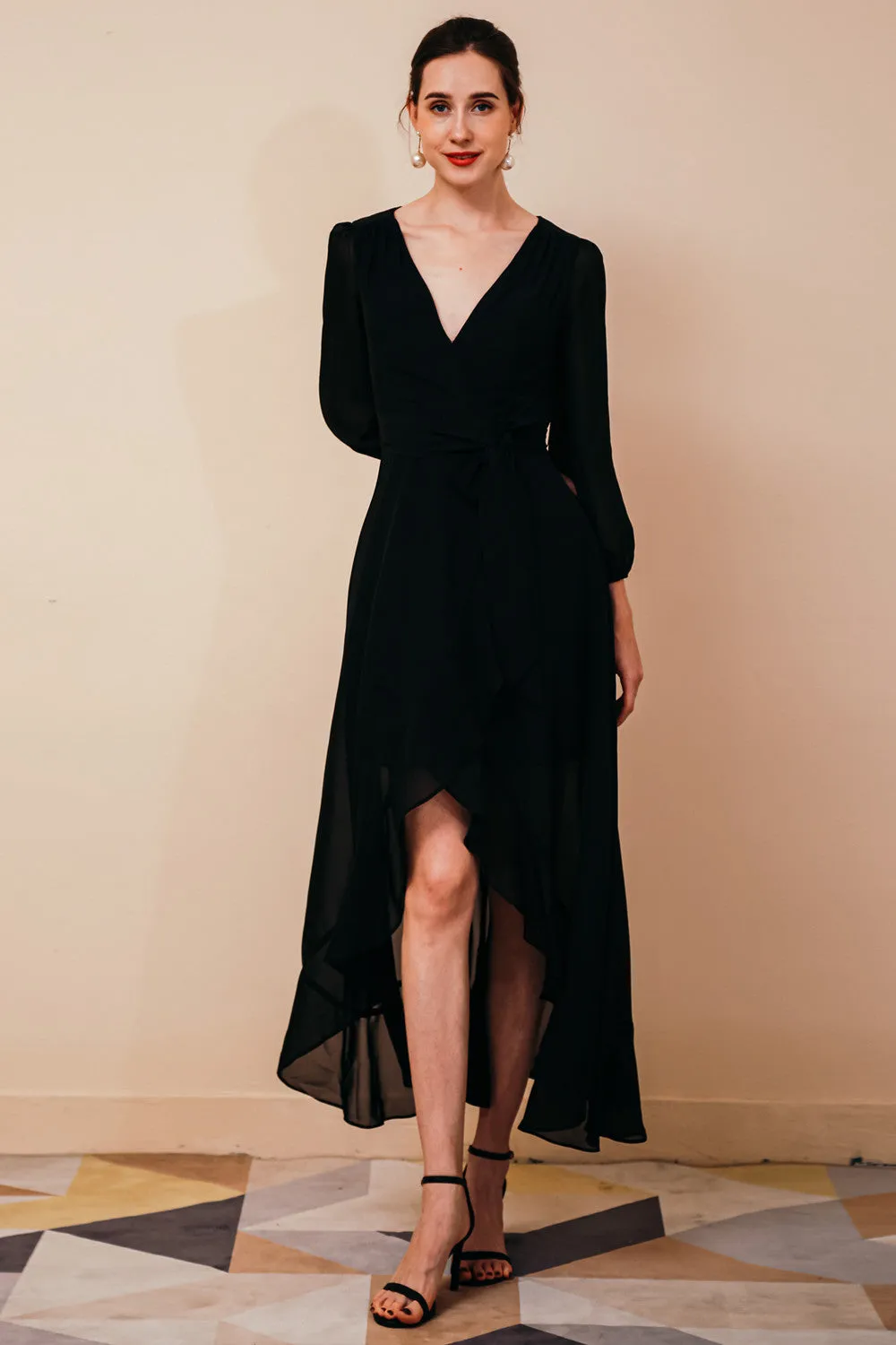 Black Long sleeves High low Chiffon Evening Dress