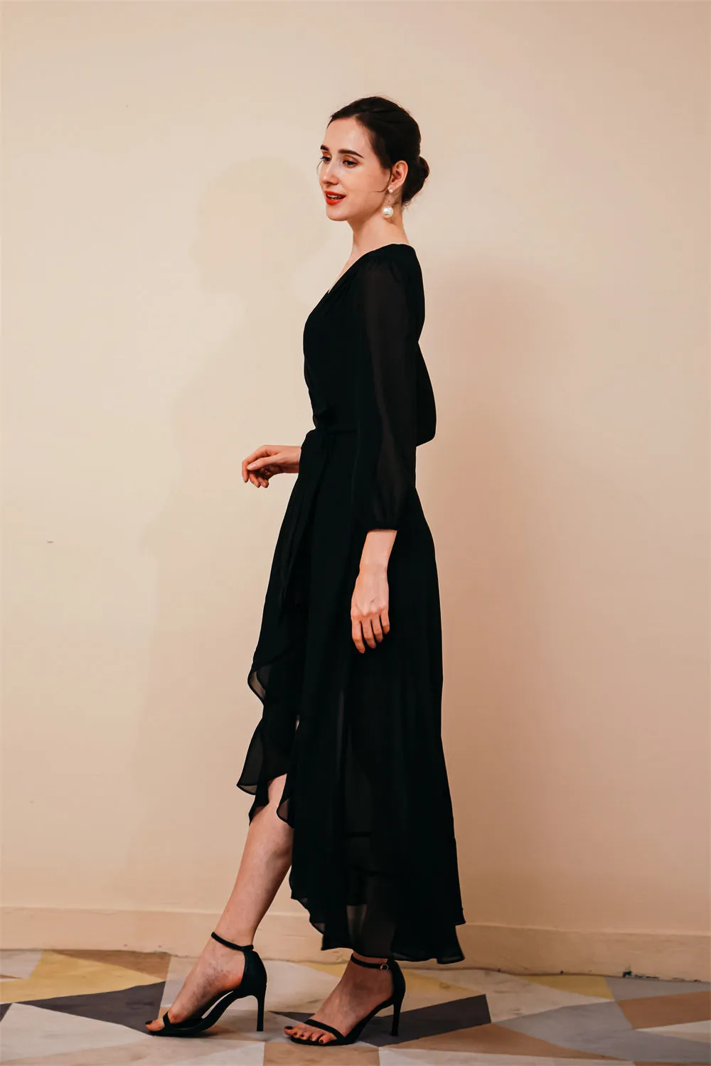 Black Long sleeves High low Chiffon Evening Dress