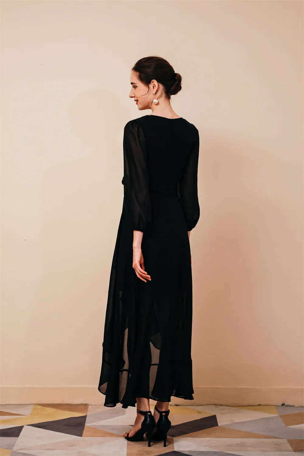 Black Long sleeves High low Chiffon Evening Dress