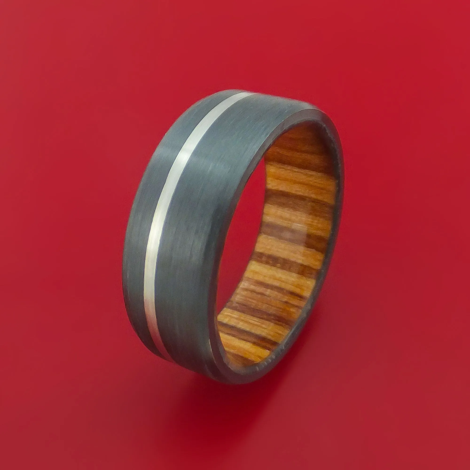 Black Zirconium Ring with Platinum Inlay and Interior Hardwood Sleeve Custom Made Band