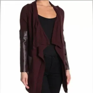 BlankNYC Womens NWT Asymmetrical Vegan Leather Cowl Open Cardigan Medium Oxblood