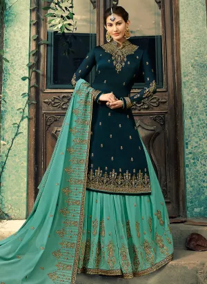 Blue Dual Tone Embroidered Lehenga Suit