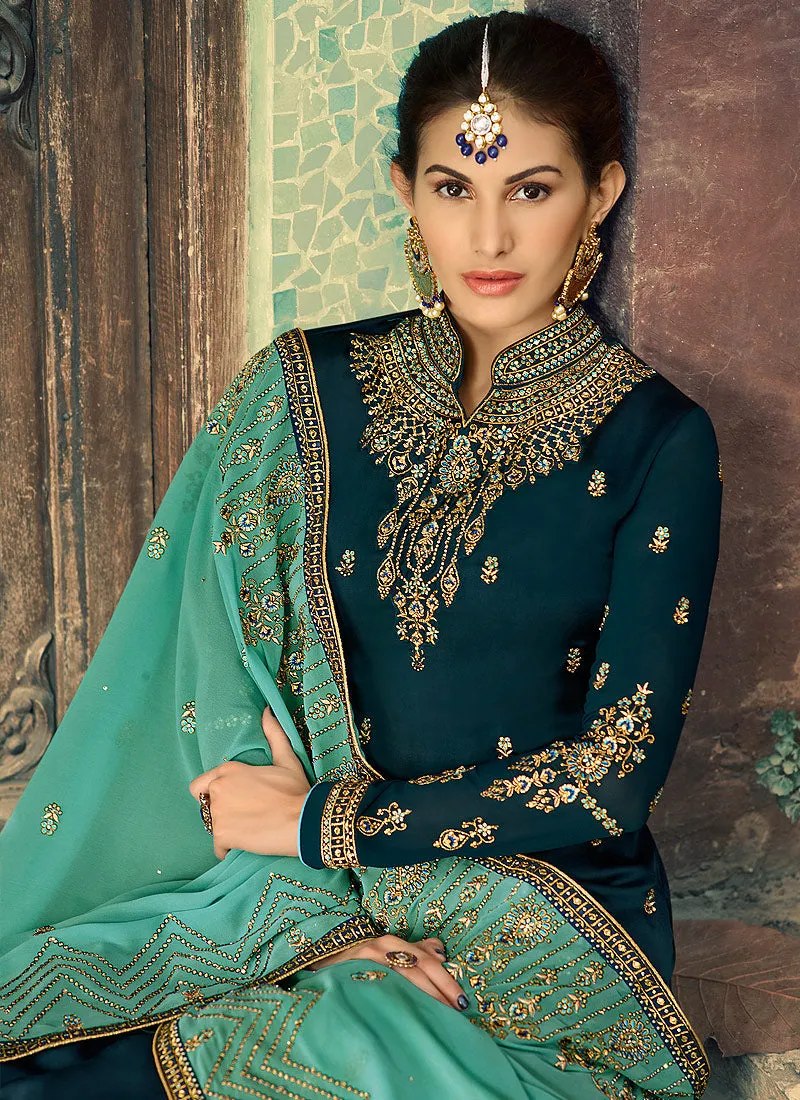 Blue Dual Tone Embroidered Lehenga Suit