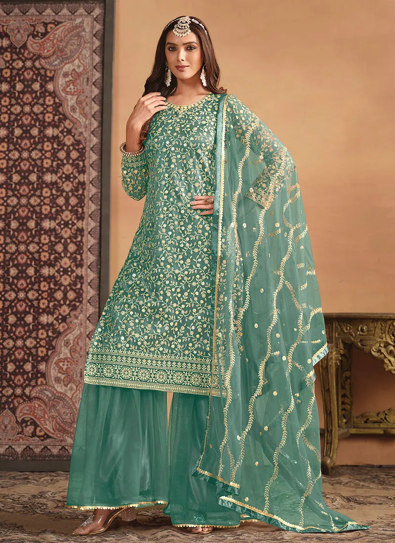 Blue Embroidery Net Gharara Suit