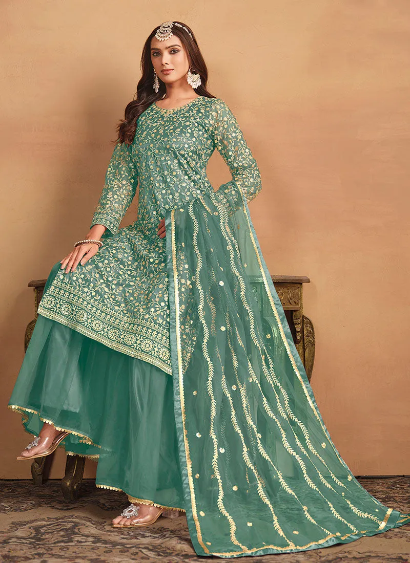 Blue Embroidery Net Gharara Suit