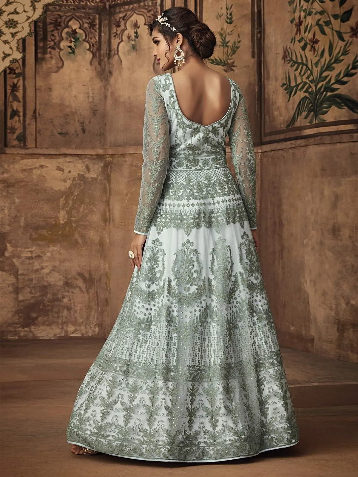 Blue Ethnic Embroidered Net Anarkali Suit