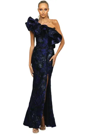 Bonne Nuit One Shoulder Gown in Navy by Bariano - RENTAL