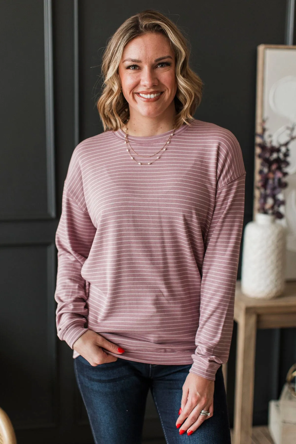 Brighten My Day Striped Pullover Top- Mauve