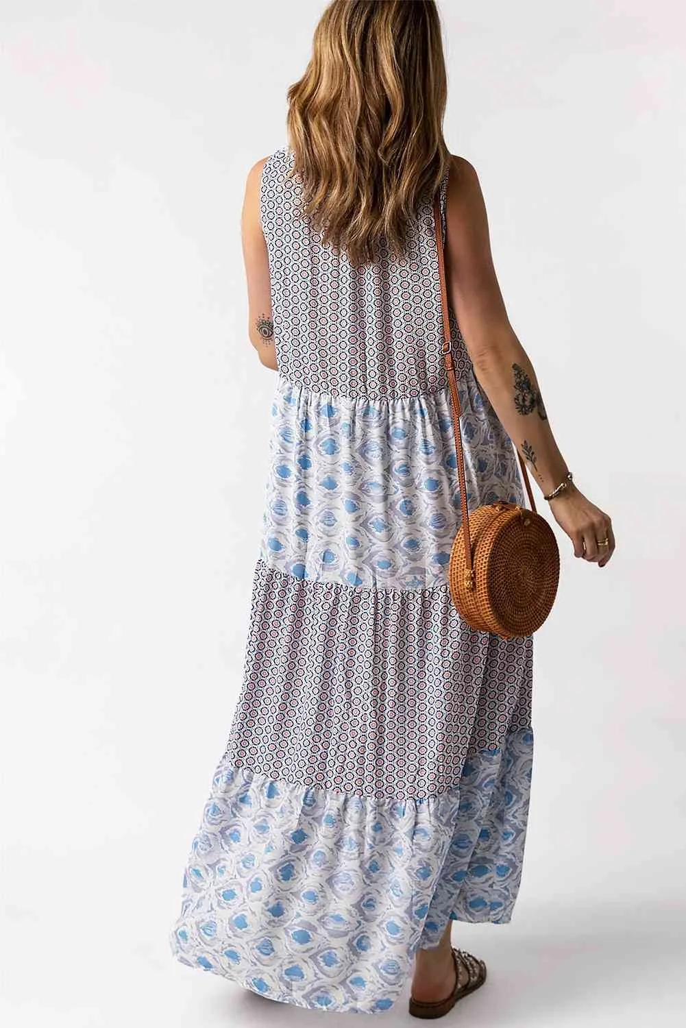 Britta Mixed Print Tie-Neck Sleeveless Maxi Dress
