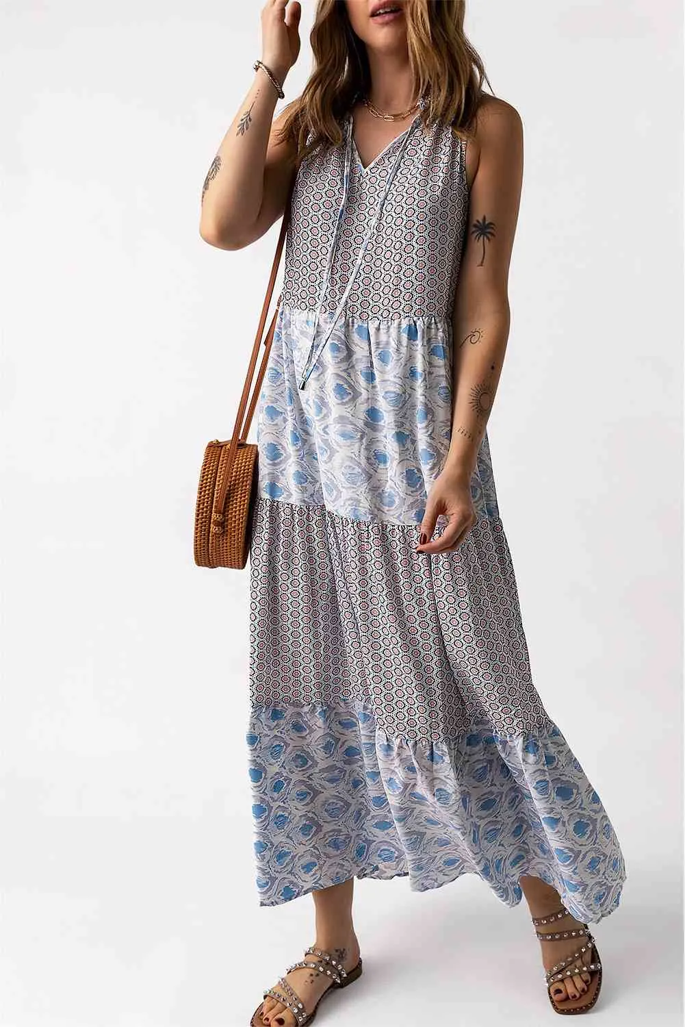 Britta Mixed Print Tie-Neck Sleeveless Maxi Dress