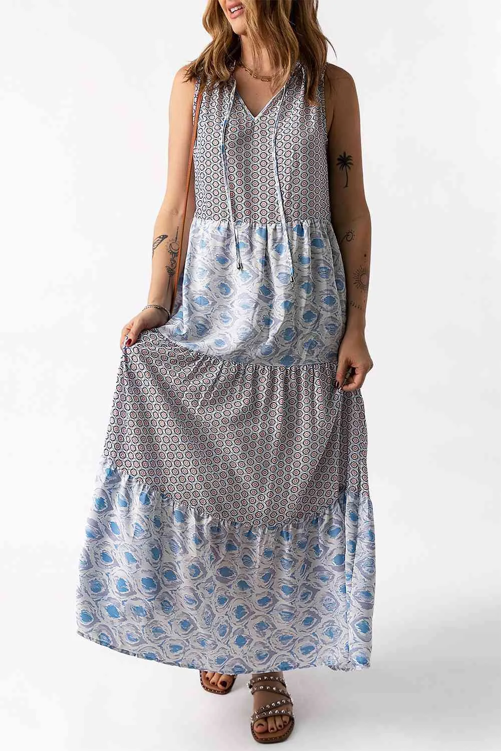 Britta Mixed Print Tie-Neck Sleeveless Maxi Dress