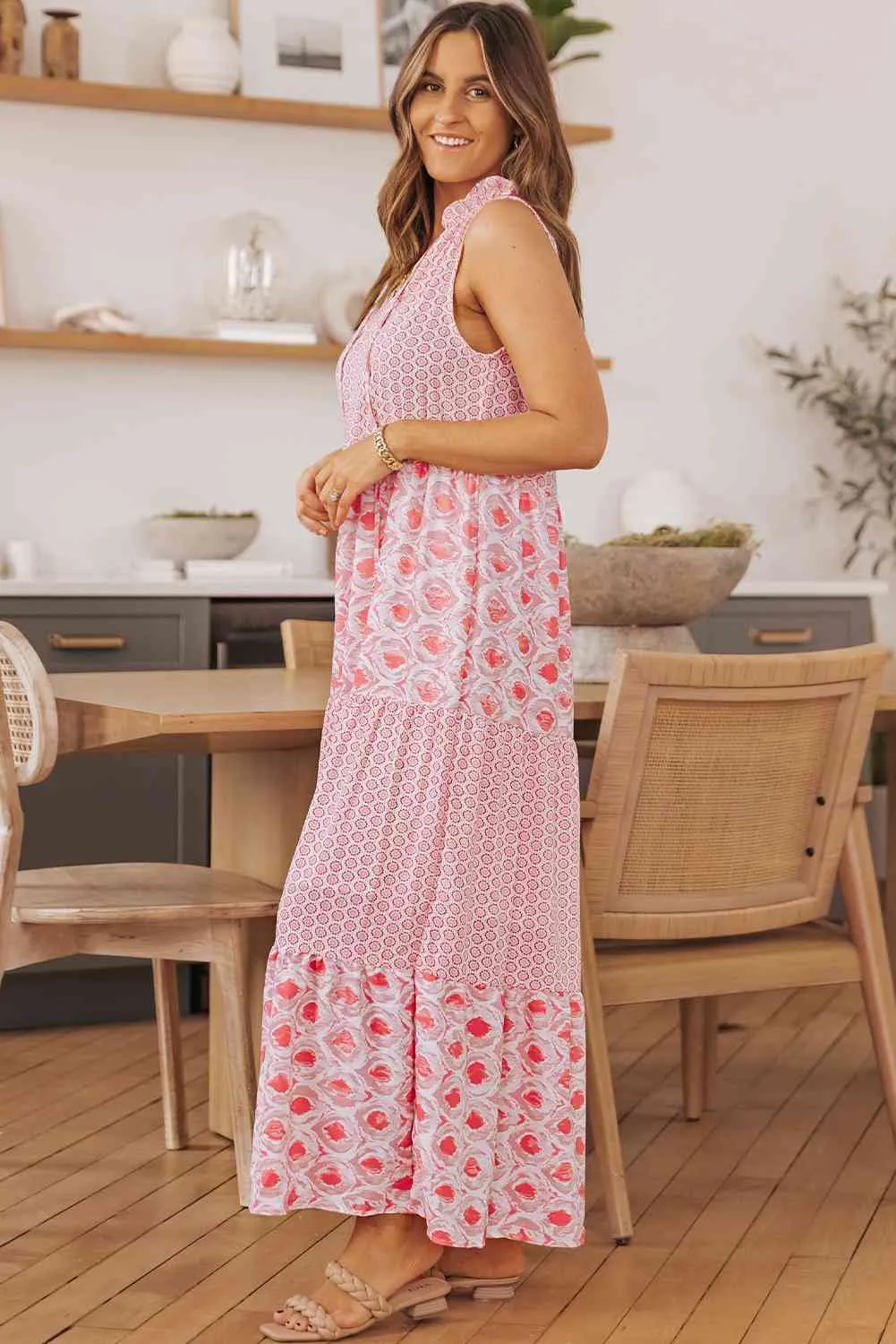 Britta Mixed Print Tie-Neck Sleeveless Maxi Dress