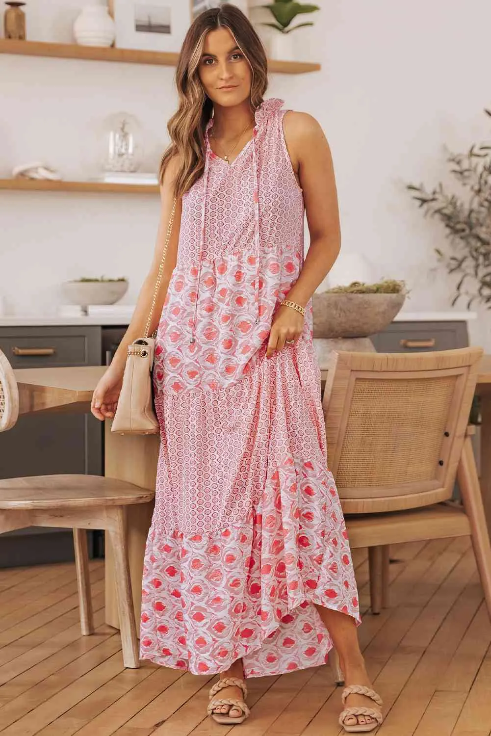 Britta Mixed Print Tie-Neck Sleeveless Maxi Dress