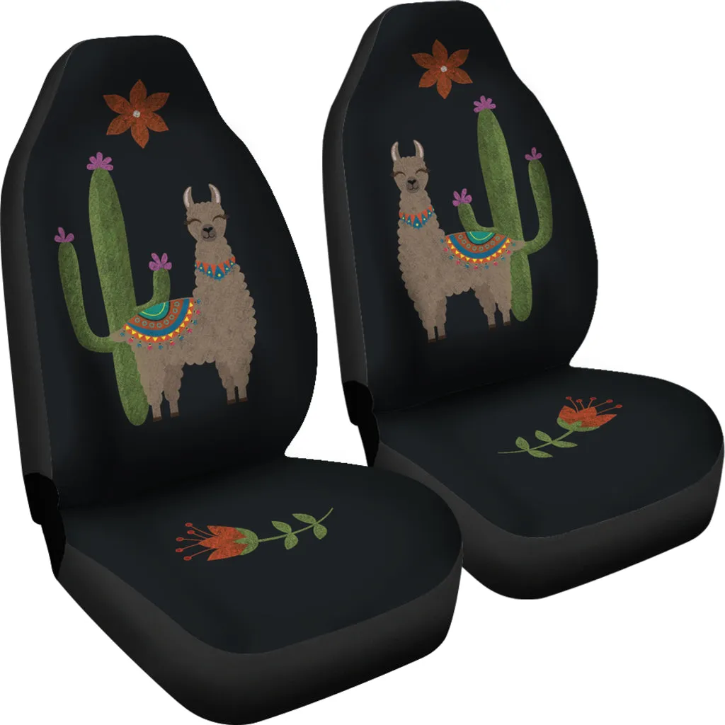 Brown Llama Car Seat Covers Chalky Style Cactus and Flower Design Printed on Black Fabric