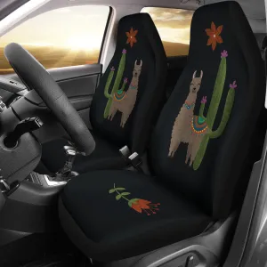 Brown Llama Car Seat Covers Chalky Style Cactus and Flower Design Printed on Black Fabric