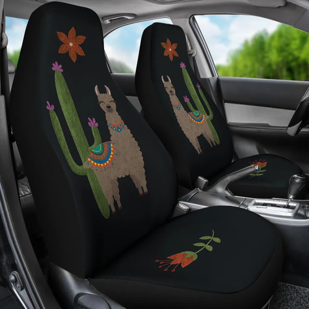 Brown Llama Car Seat Covers Chalky Style Cactus and Flower Design Printed on Black Fabric