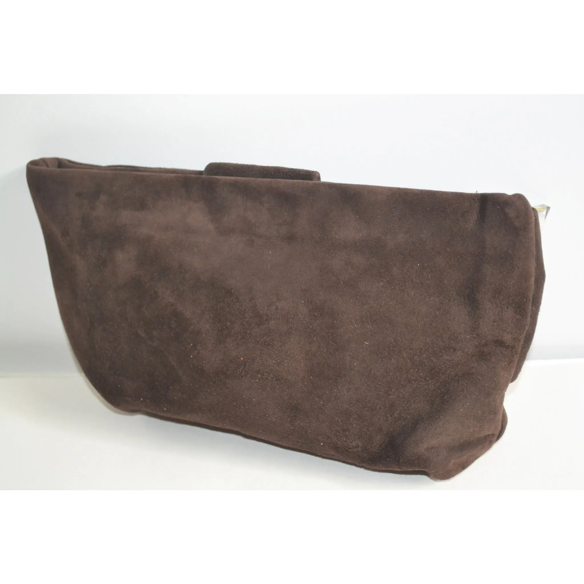 Brown Suede Bow Lucite Tag Clutch