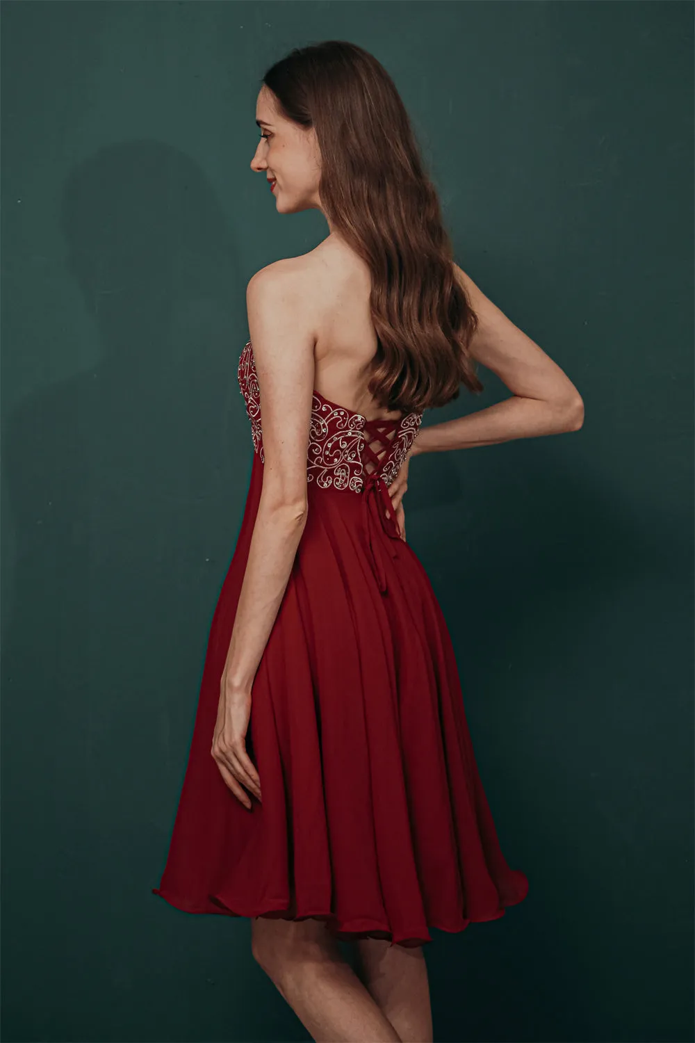 Burgundy Sweetheart Sparkle Beaded Chiffon Homecoming Dress