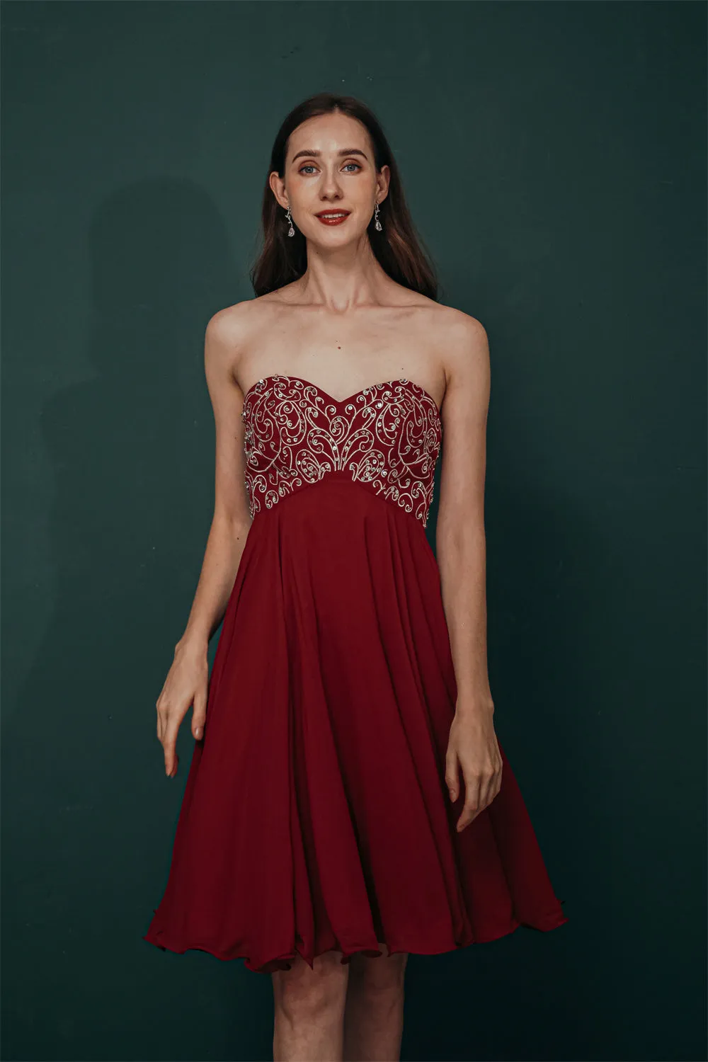Burgundy Sweetheart Sparkle Beaded Chiffon Homecoming Dress