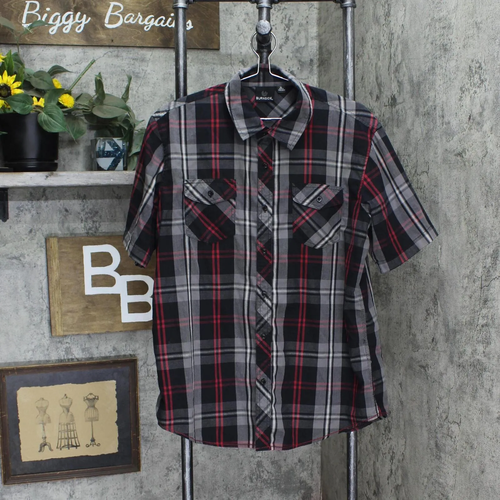 Burnside Mens Plaid Button Up Short Sleeve Shirt 166c1e4d57e742 Black Multi XL