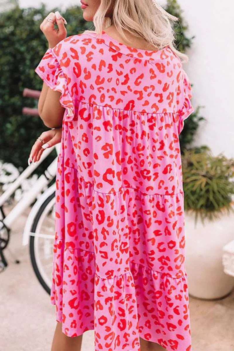 Casual Leopard Flounce O Neck Cake Skirt Dresses(3 colors)