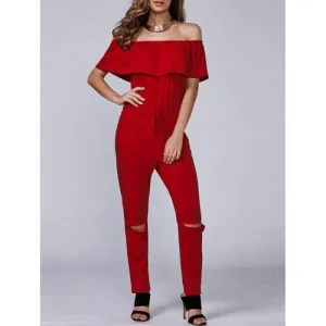 Casual Off-The-Shoulder Cut Out Jumpsuit - Red M