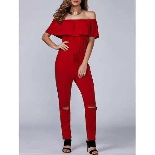 Casual Off-The-Shoulder Cut Out Jumpsuit - Red M