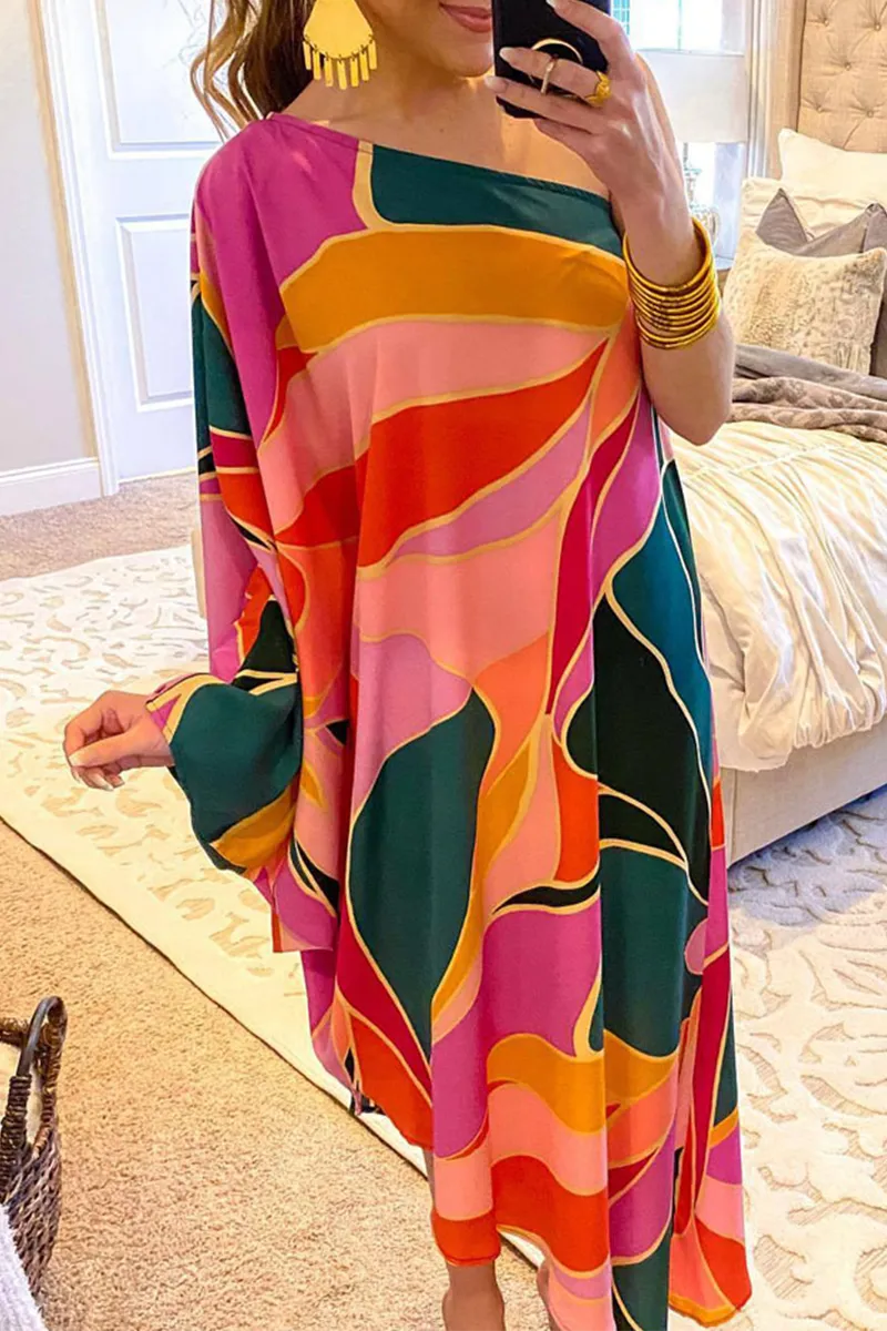 Casual Print One Shoulder Straight Dresses