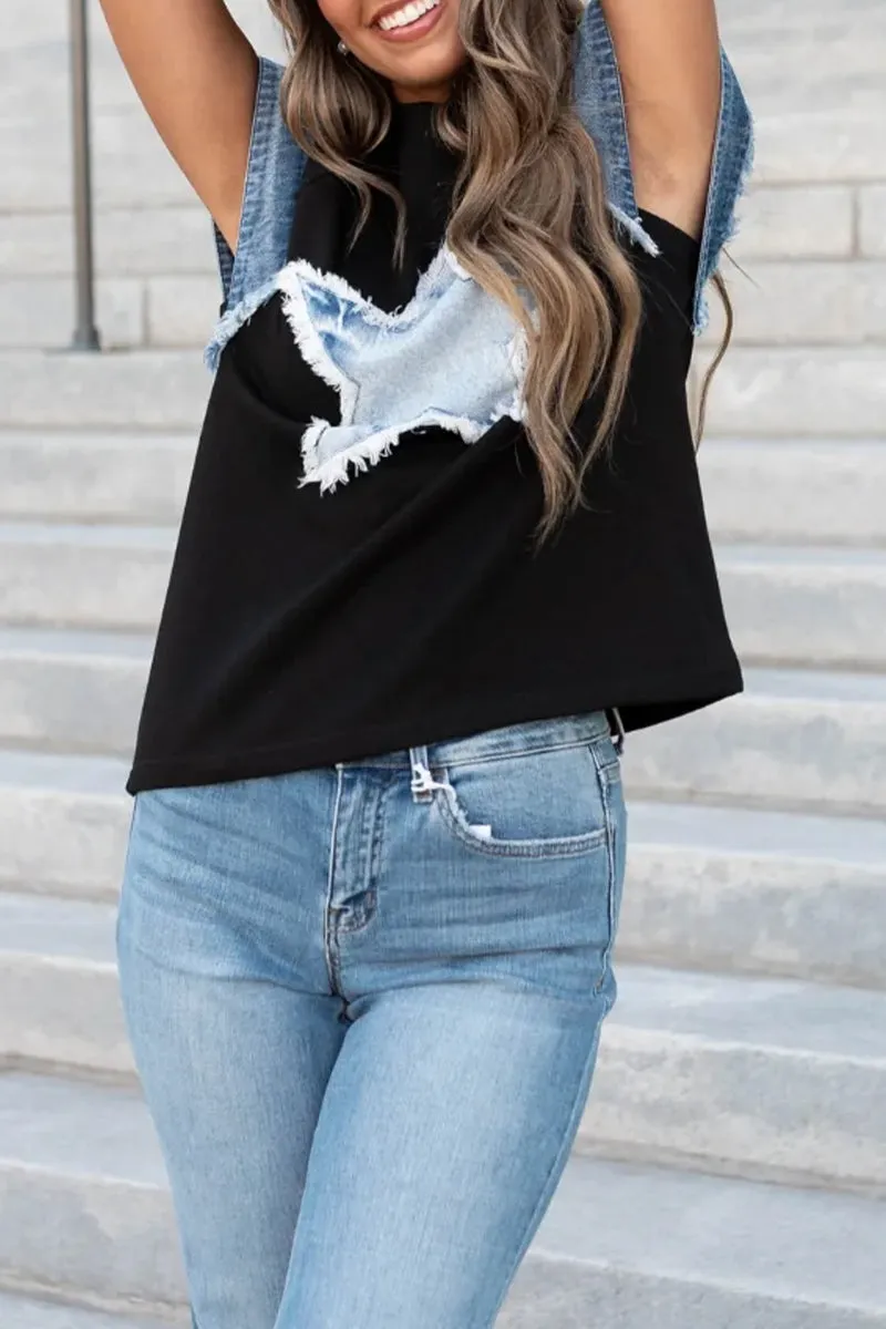 Casual The stars Distressed Patchwork O Neck T-Shirts