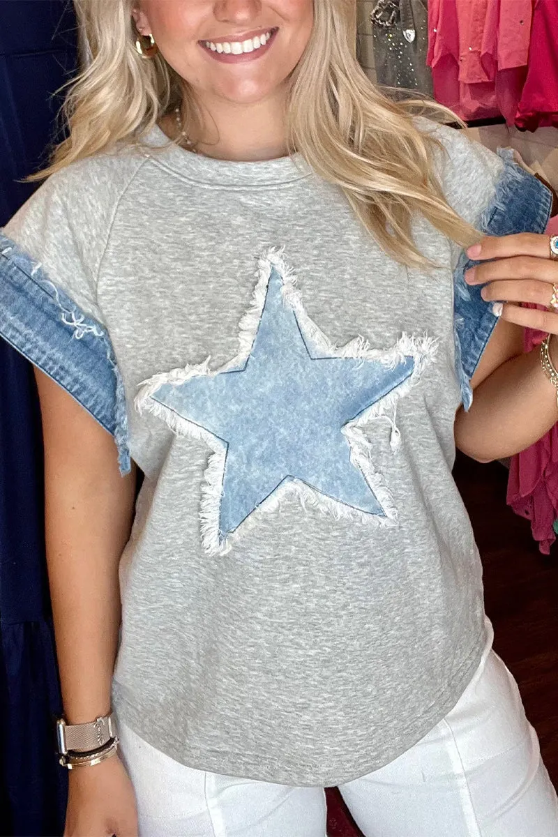 Casual The stars Distressed Patchwork O Neck T-Shirts