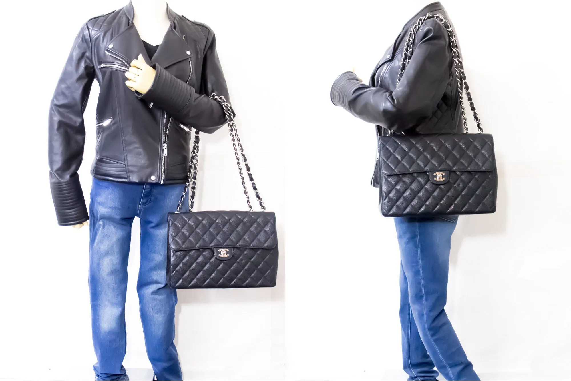 CHANEL Classic Large 11" Chain Shoulder Bag Black Grained Calfskin h58