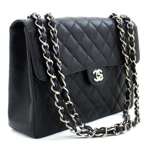 CHANEL Classic Large 11" Chain Shoulder Bag Black Grained Calfskin h58