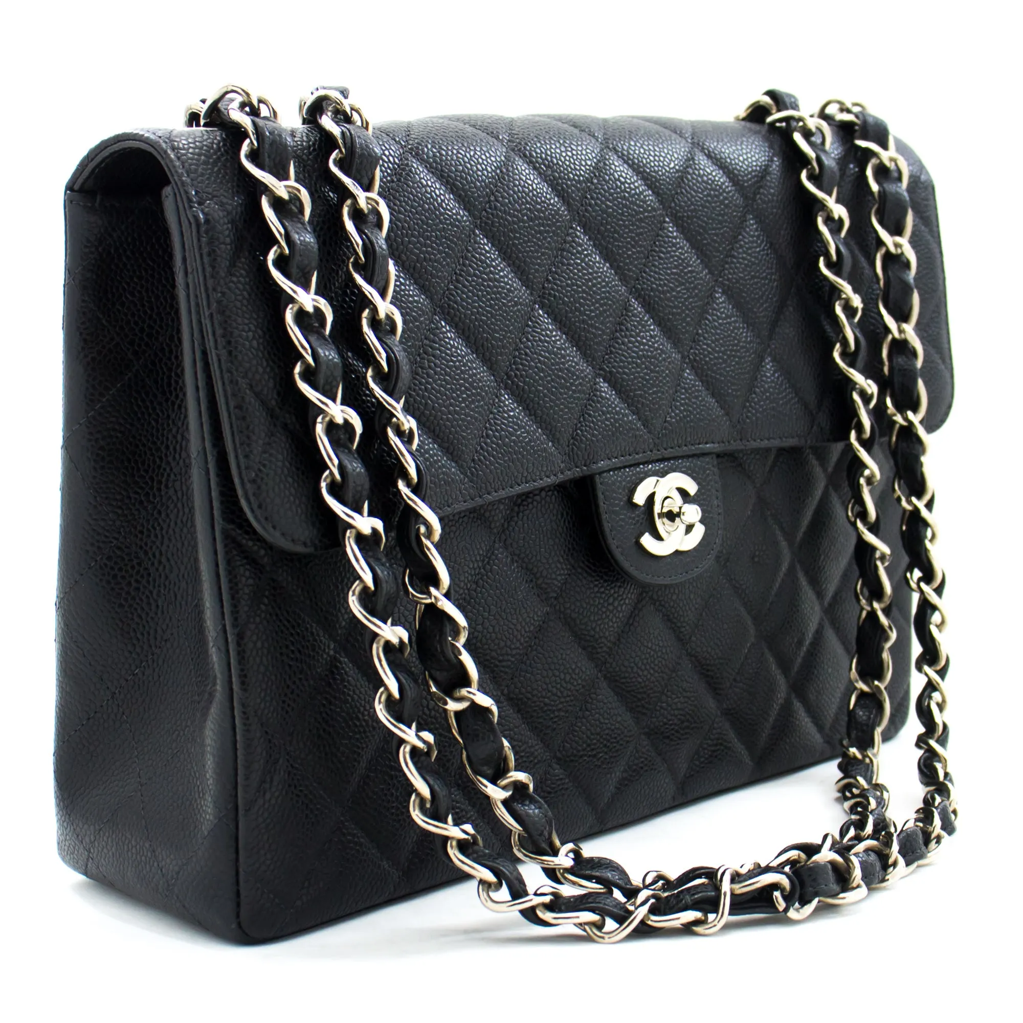 CHANEL Classic Large 11" Chain Shoulder Bag Black Grained Calfskin h58