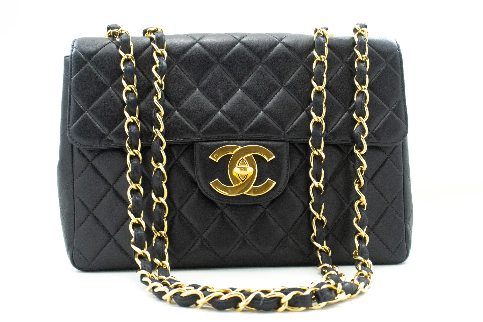 CHANEL Classic Large 11" Chain Shoulder Bag Flap Black Lambskin n20